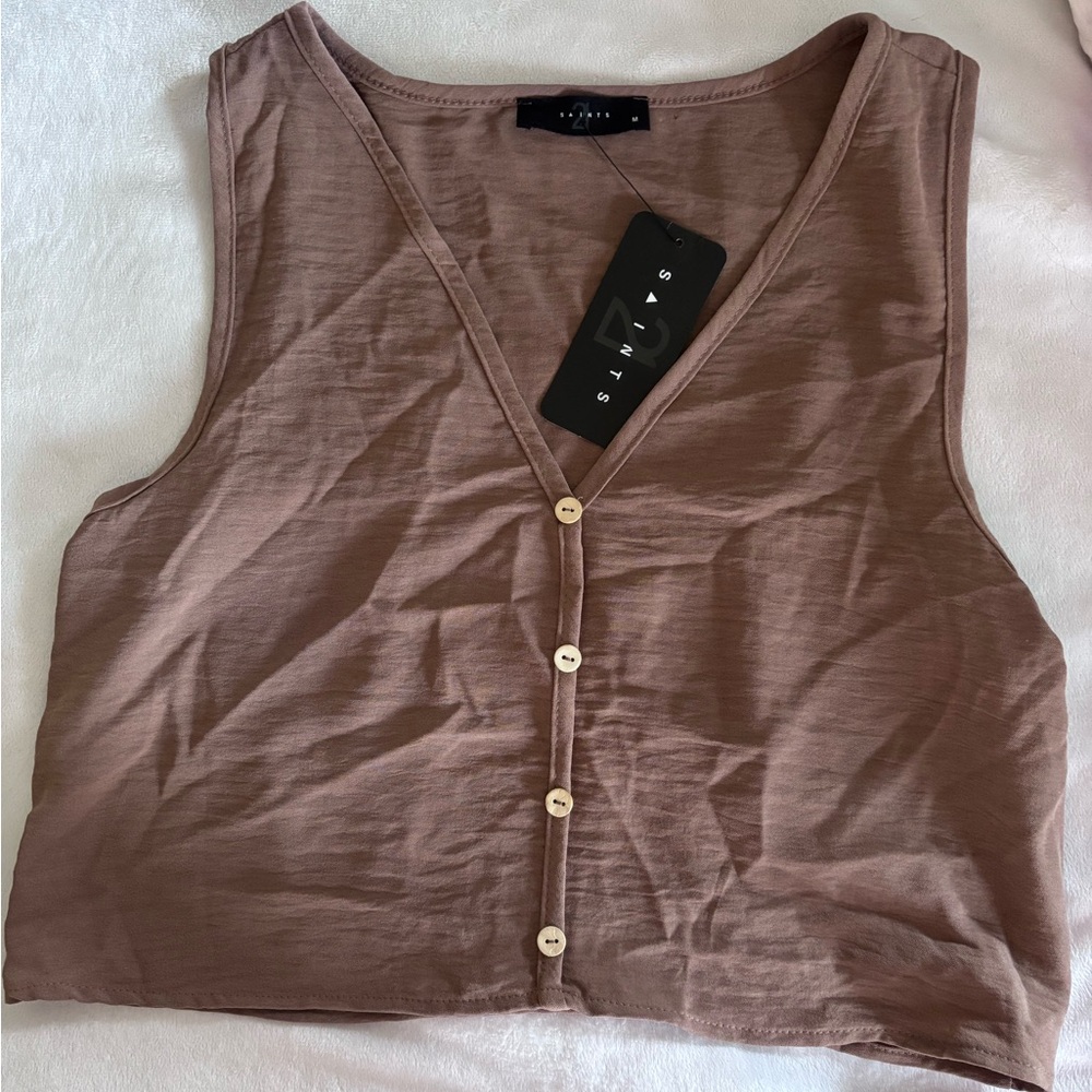NWT 21 Saints Medium Brown Tank Top Buttons Cropped Lightweight Neutral